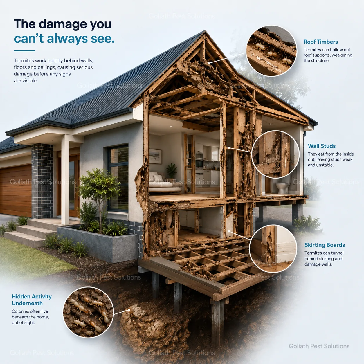 Goliath Pest Solutions cutaway educational illustration showing concealed termite damage in a home