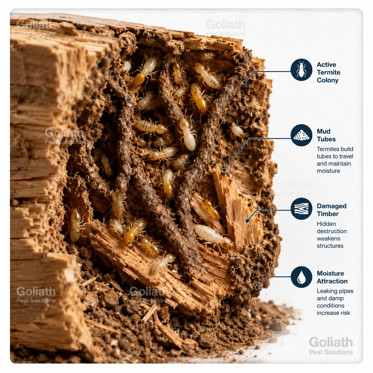 Goliath Pest Solutions educational image showing termites, mud tubes and damaged timber
