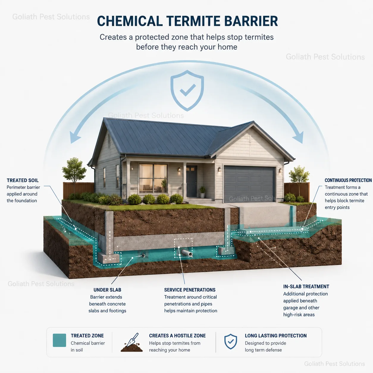 Goliath Pest Solutions educational cutaway showing termite protection and building entry interfaces