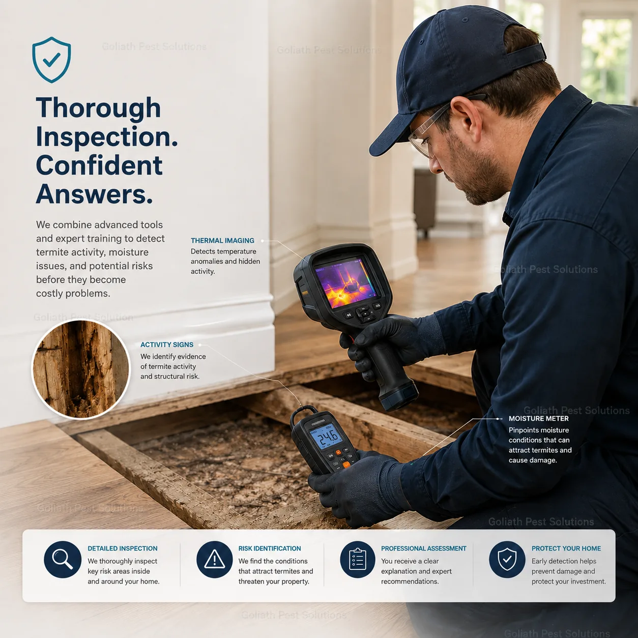 Goliath Pest Solutions termite inspection and diagnostic tools infographic