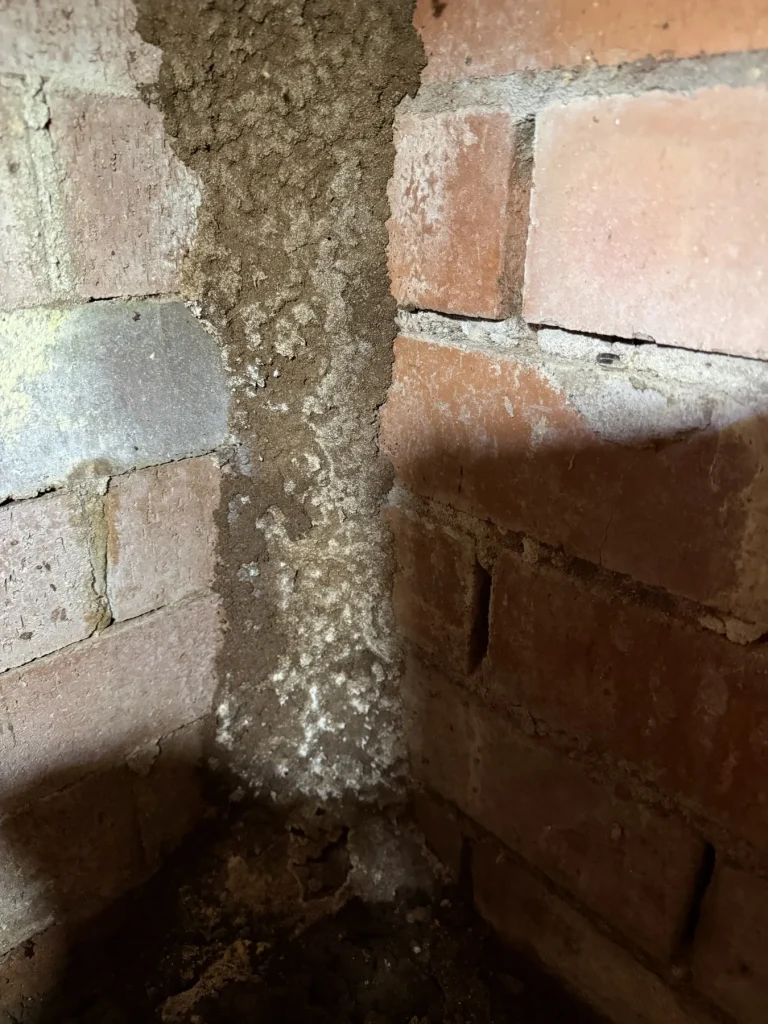 A substantial mud lead visible on masonry at a building junction.