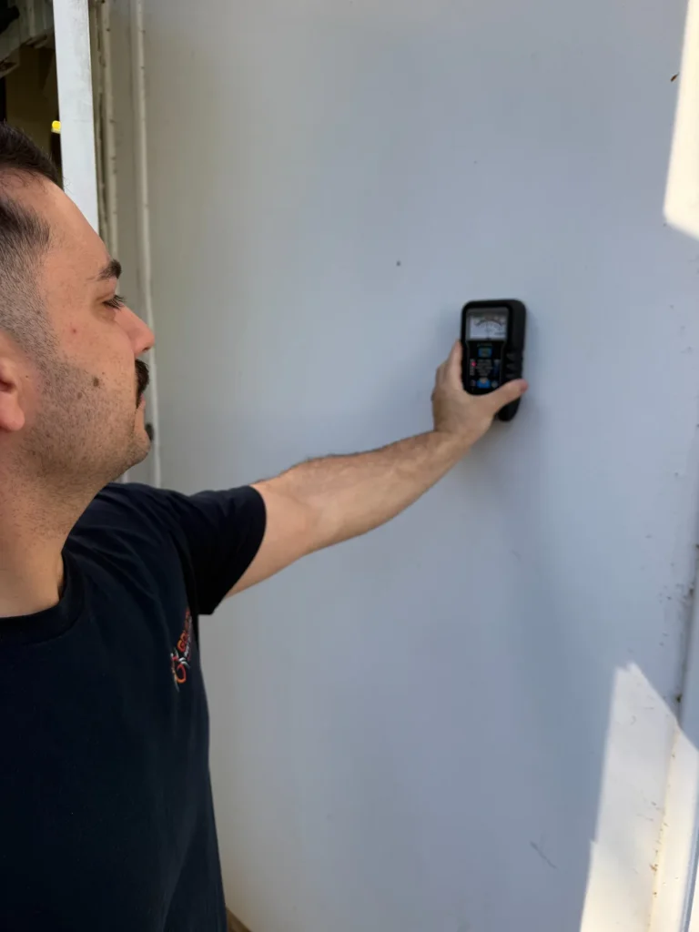 A technician checking an internal wall during a targeted termite investigation.
