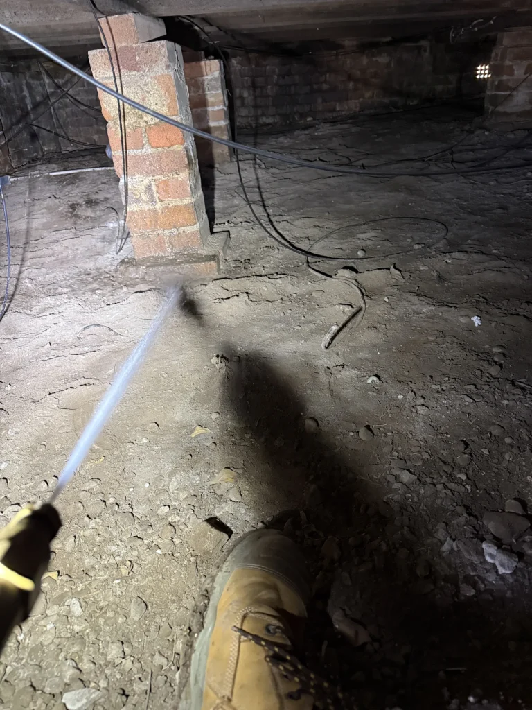 Targeted liquid treatment being applied within an accessible subfloor area.