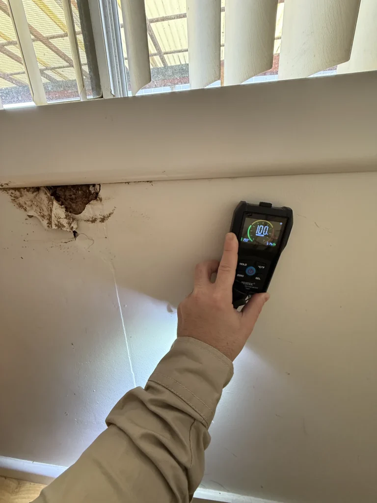 A moisture meter being used at an internal wall during a termite inspection.