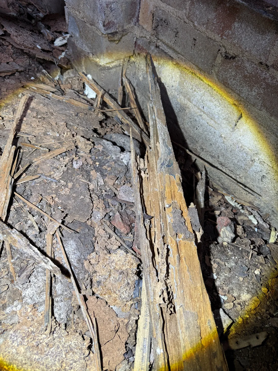 Broken deteriorated timber and debris alongside the masonry corner at an Artarmon property