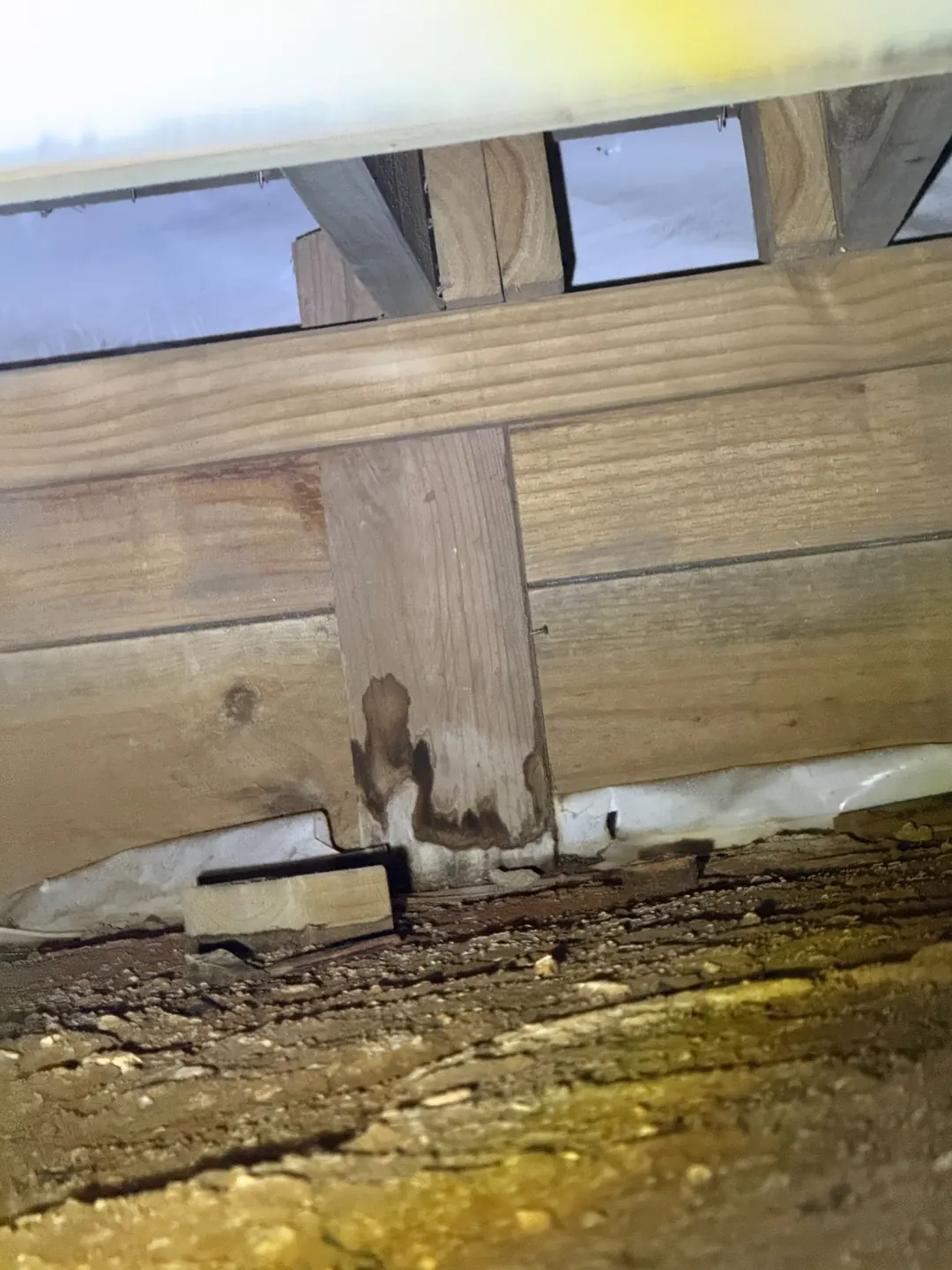 Evidence of deterioration and mud-like deposits along timber in the Brooklyn subfloor