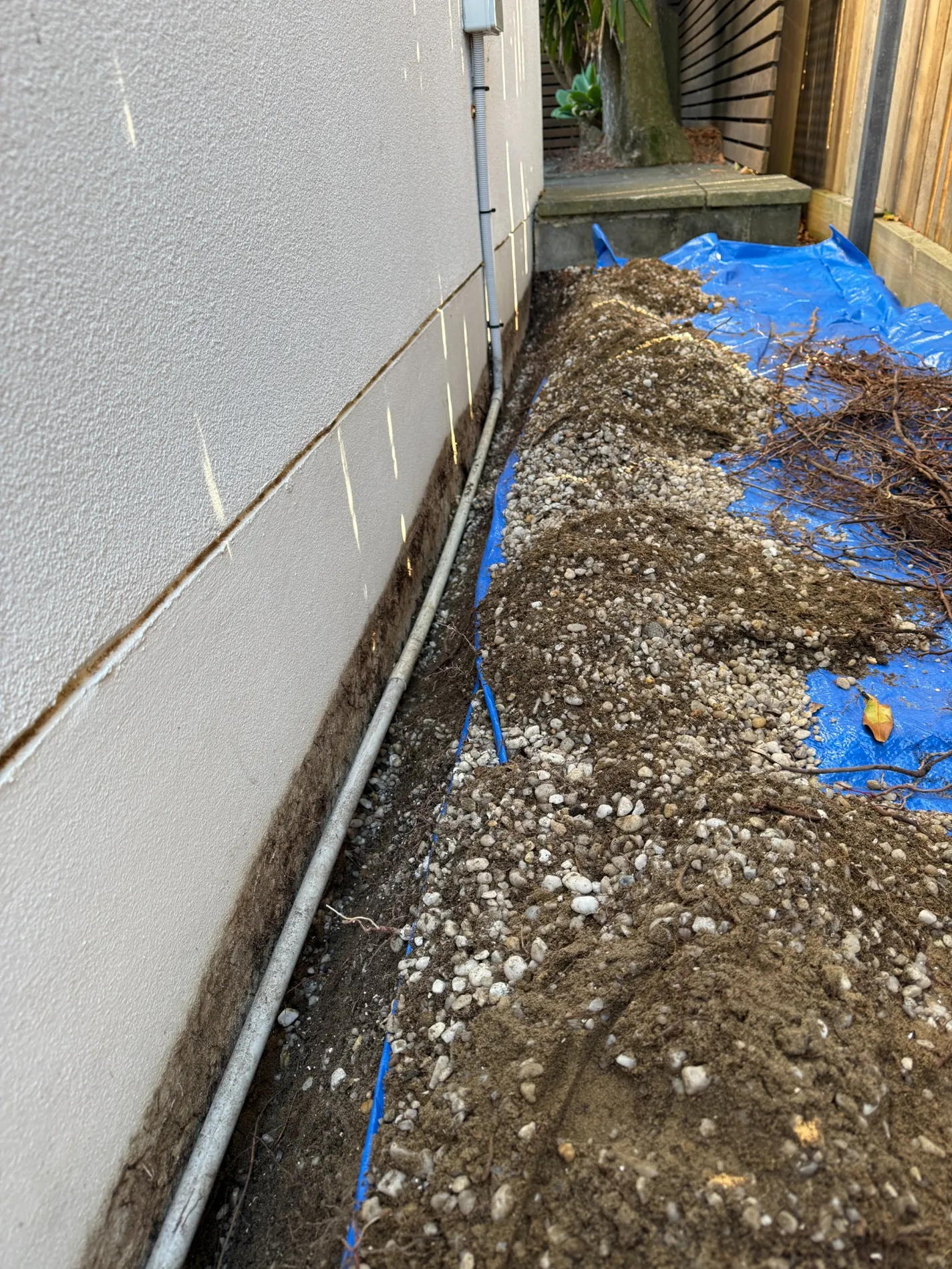 Soil and gravel excavated beside the external wall during Termidor HE barrier preparation in Maroubra